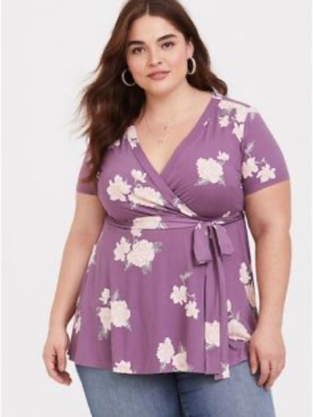 Torrid Purple Floral Wrap Front Short Sleeve Top Tie Shirt Women’s size Large